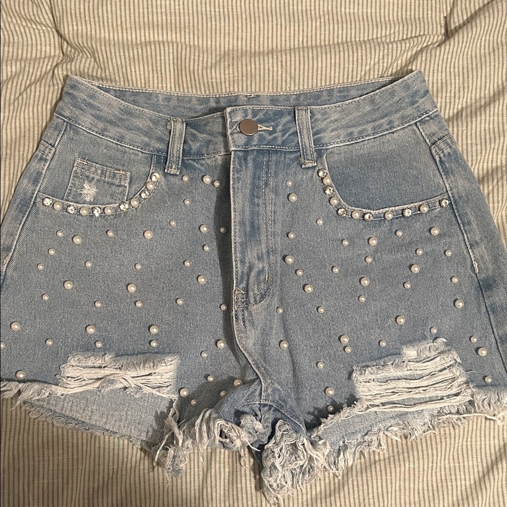 Pearl Embellished Denim Shorts